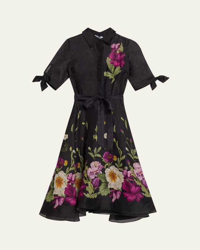 Floral-Print Silken Linen Midi Shirtdress